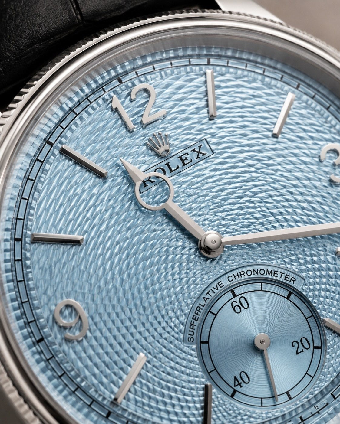 ROLEX PERPETUEL 1908 39 MM CUIRE NOIR FOND BLEU