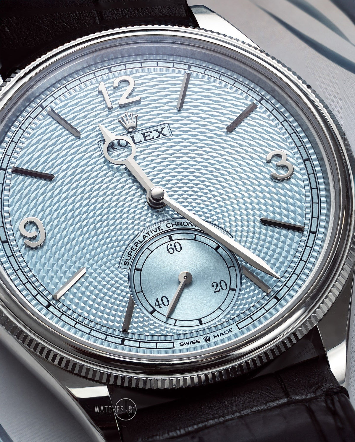 ROLEX PERPETUEL 1908 39 MM CUIRE NOIR FOND BLEU