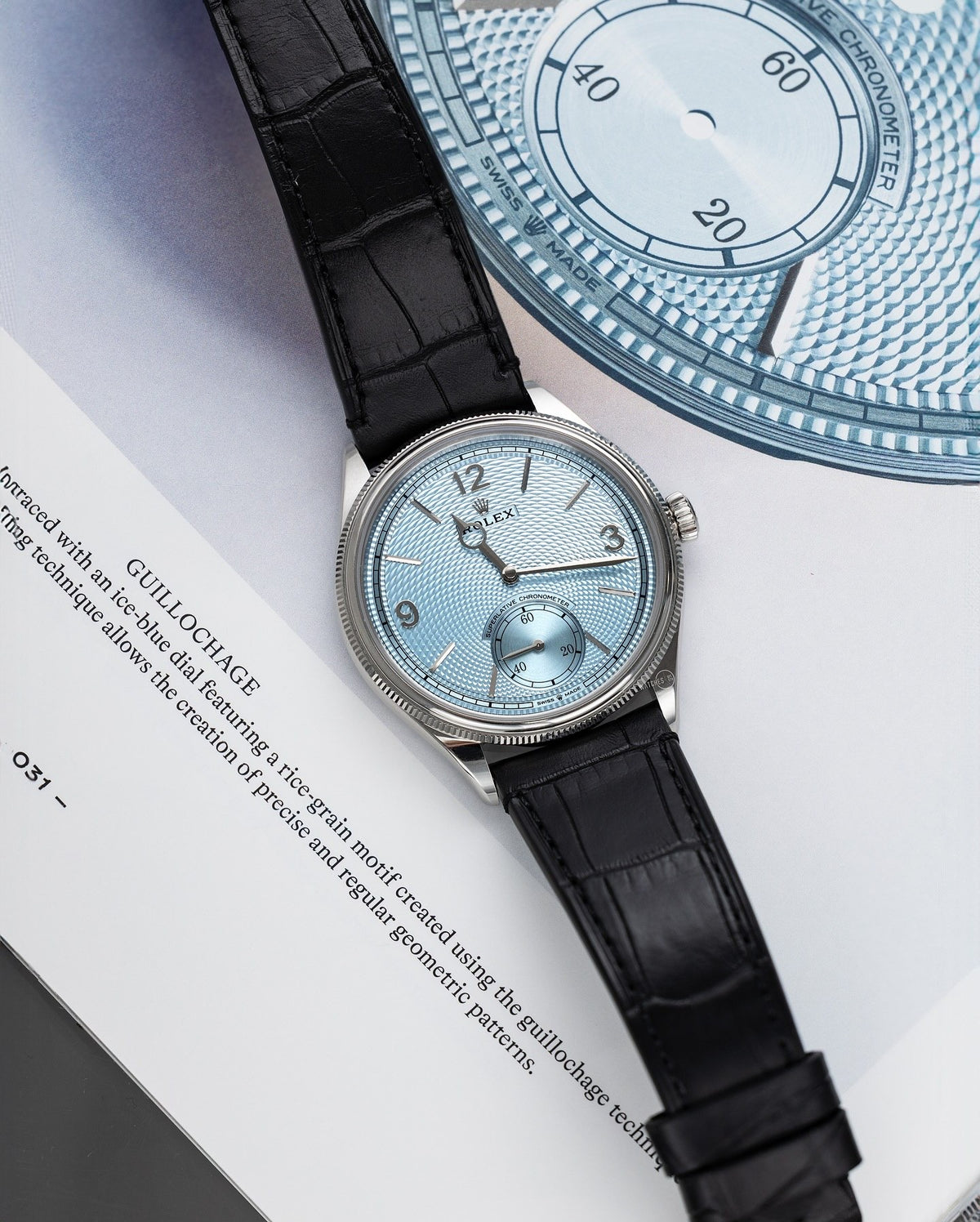 ROLEX PERPETUEL 1908 39 MM CUIRE NOIR FOND BLEU