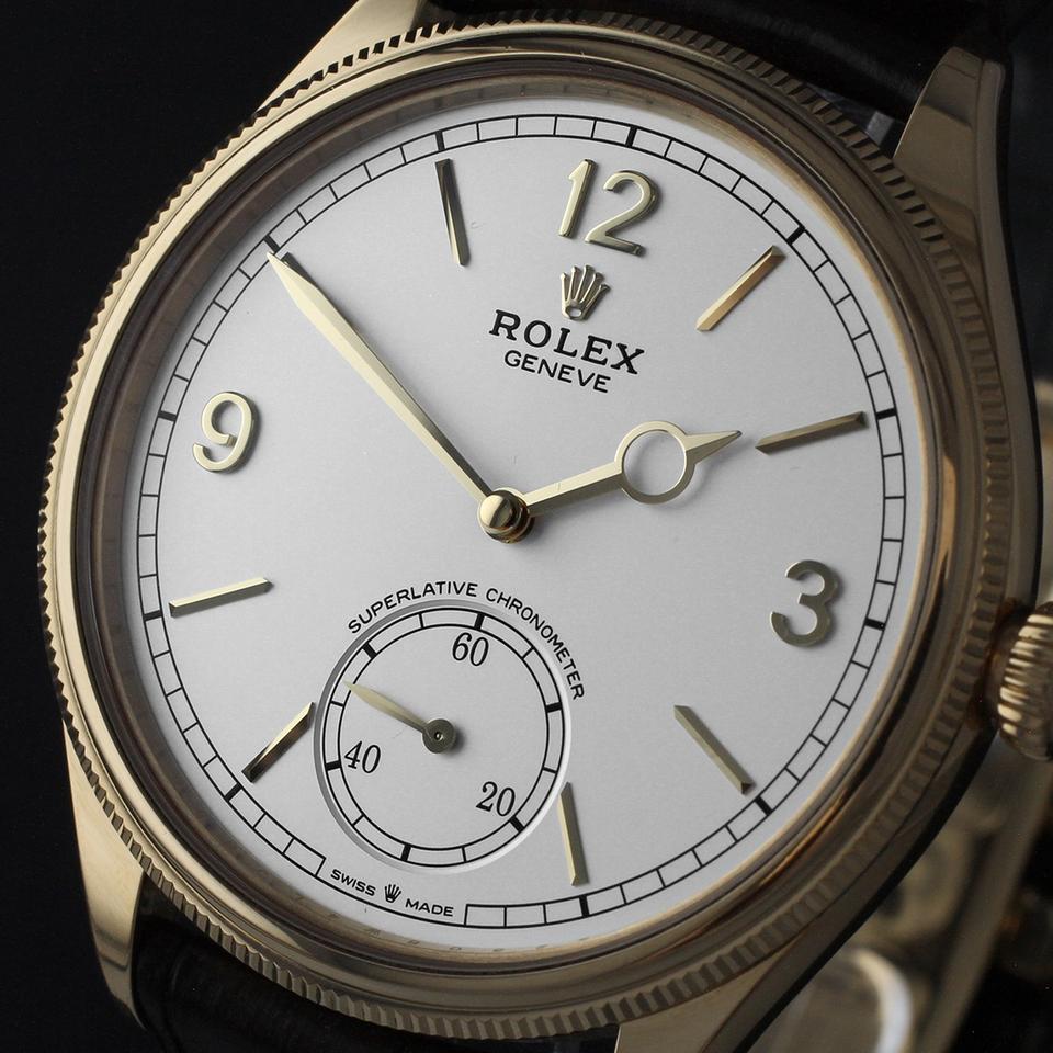 ROLEX PERPETUEL 1908 39 MM DORE CUIRE NOIR FOND BLANC