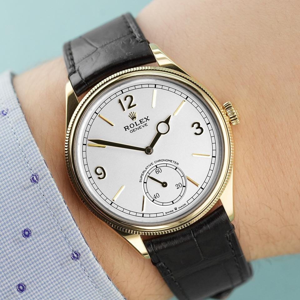 ROLEX PERPETUEL 1908 39 MM DORE CUIRE NOIR FOND BLANC