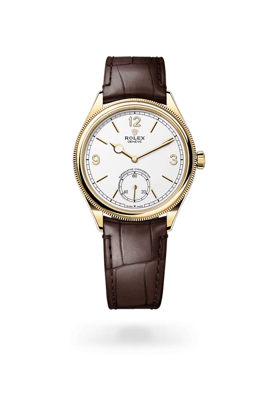 ROLEX PERPETUEL 1908 39 MM DORÉ CUIRE MARRON FOND BLANC